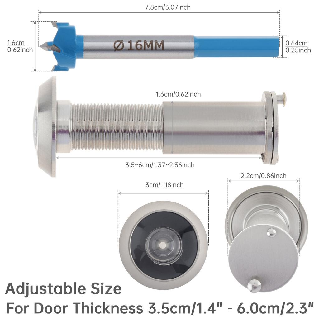 Tömör Sárgaréz 16mm Ajtókukucskáló 200 Fokos HD Lencse Adatvédelmi Fedél Nagy Teherbírású Fúrószárat Tartalmaz Univerzális 35-60mm Tömörfa Ajtó