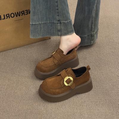 Thick-soled Heightening Loafers Women's 2025 Spring and Autumn New One-pedal Versatile Small Leather Shoes British Style Flat-soled Single Shoes