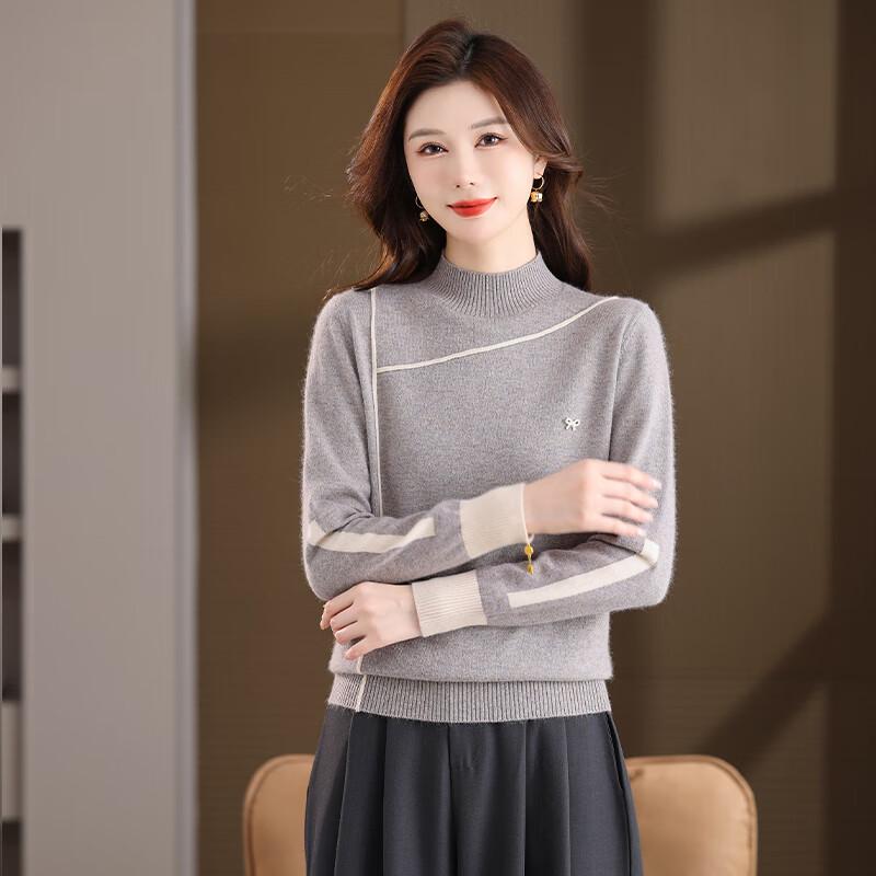 Fengmao Women's Color-Block Semi-High Collar Pullover Sweater