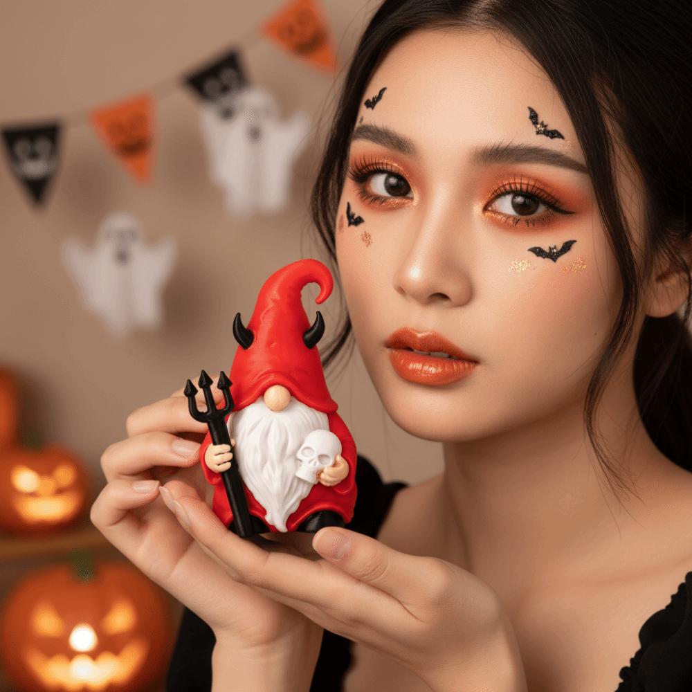 Holding Trident Halloween Figurine Black Horns Skull Miniature Red Gnome Fairy Garden