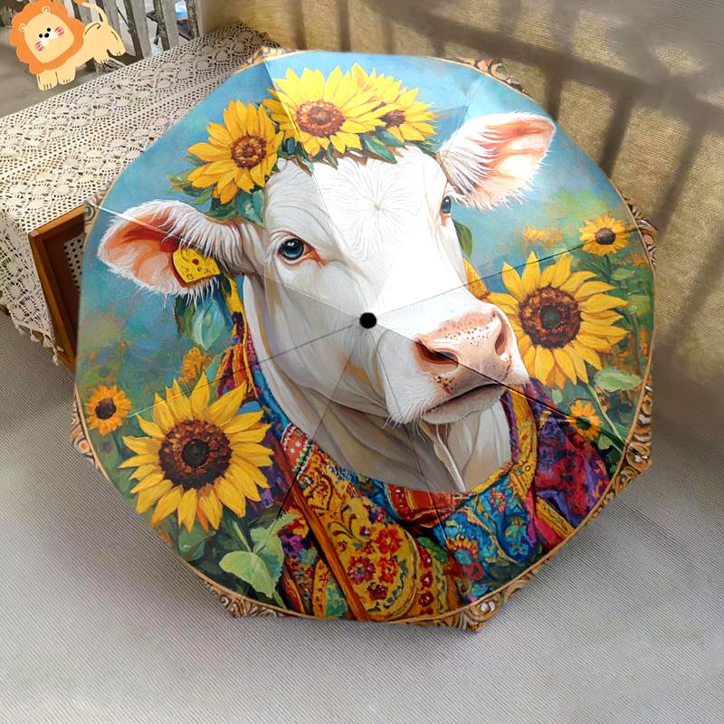 1 PC Automatic Folding Umbrella - Cow with Sunflowers Pattern, Portable & Foldable Design with 8 Ribs, Christmas Birthday Gifts