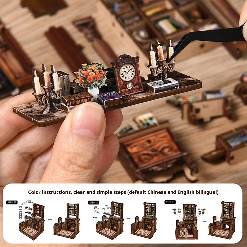 DIY Book Nook Miniature Wooden Dollhouse with Light Bookshelf Insert Decoration Model for Bookshop Memories 3D Puzzle Assembly