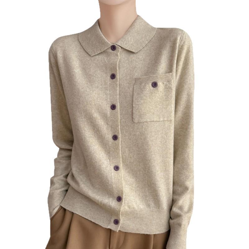 Women's Autumn Lapel Pocket Wool Cardigan – Long Sleeve Solid Color Knit Outerwear