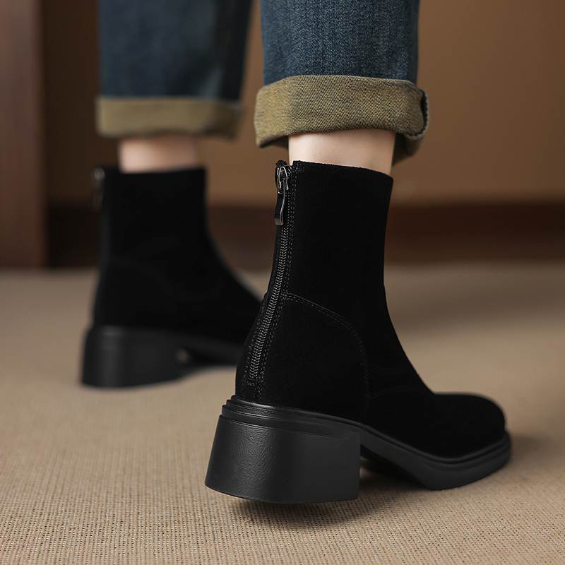 Krazing Pot Cow Suede Nubuck Round Toe Thick Heels Chelsea Boots Size 42 Concise Style Women Keep Warm Ankle Boots