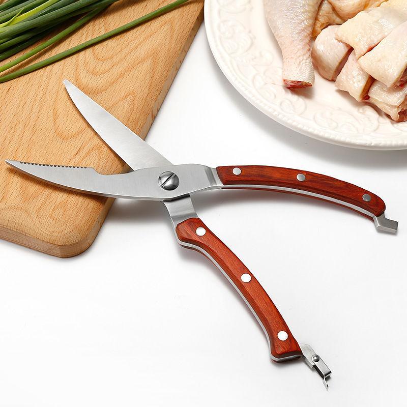 Sharp Chicken Bone Scissors Stainless Steel Multifunctional Kitchen Scissors Wooden Handle Fish Killing Scissors