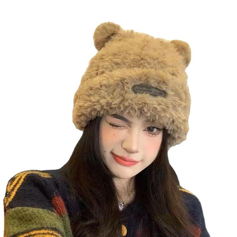 Niedliche Bärenwollmütze für Damen, Winter, verdickt, Plüsch, warm, Plüsch-Glatzenmütze, Herbst und Winter, großer Kopfumfang, Strickmütze
