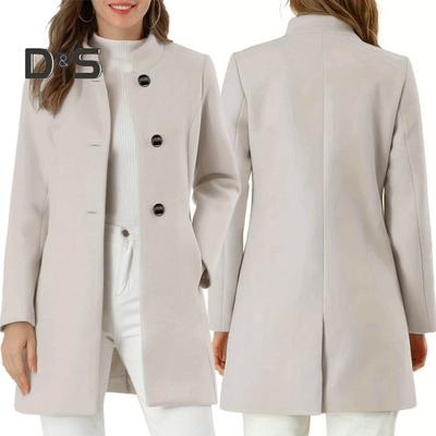 Winter Fall Women Coat Stand Collar Neck Protection Long Sleeve Thick Warm Single Breasted Thick Warm Pockets Mid Length Lady Overcoat