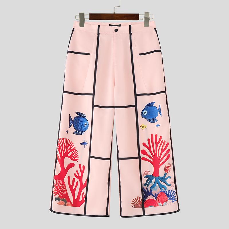 

INCERUN Мужские брюки на молнии с высокой талией, повседневные, свободные, с принтом, со строчкой, длинные, с широкими штанинами 5XL розовый