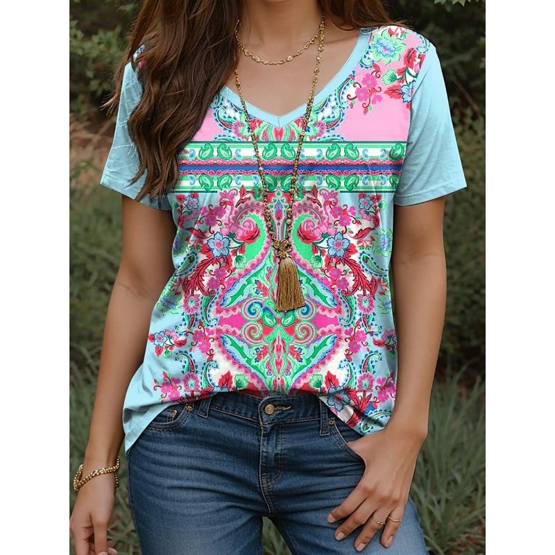 Yazlık Kadın Retro Etnik Baskılı Tişört V Yaka Kısa Kollu Sokak Günlük Üstler Aralarından Seçilebilecek Çoklu Stil ve Beden