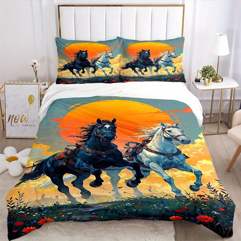 3pcs Set Horse Sunset 1 Quilt Cover + 2 Pillowcases, All Seasons Bedroom Setting, Perfect for Home and Dorm Decor A166