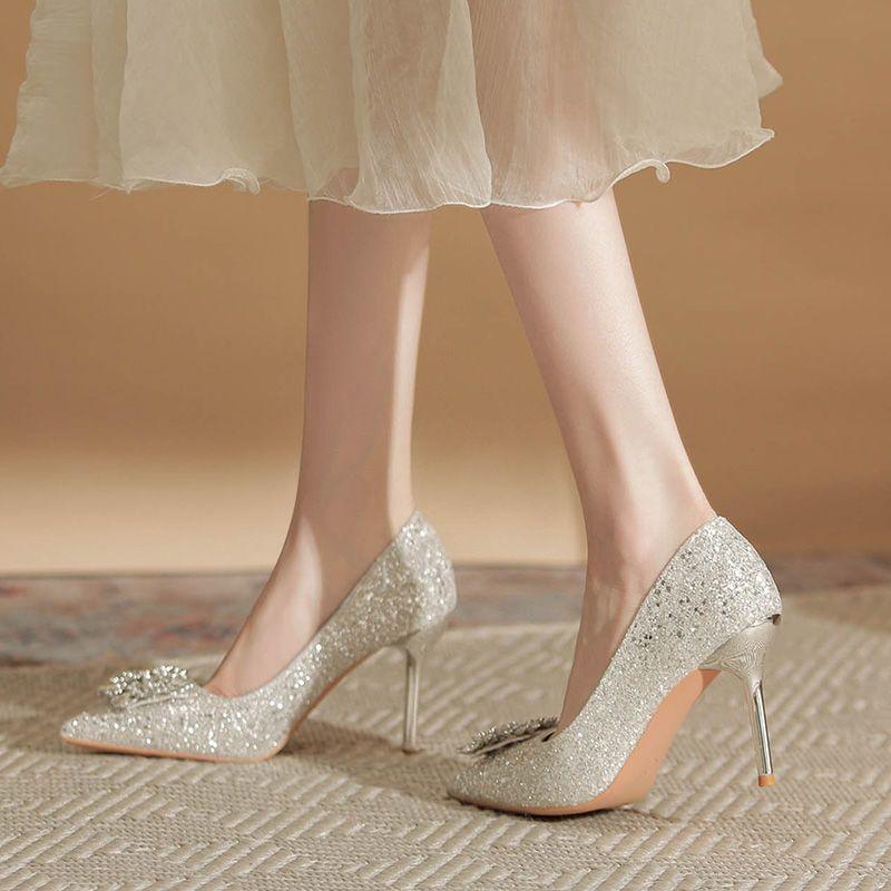 Not tired feet high heels wedding shoes women's 2025 new main wedding dress bride shoes can usually wear bridesmaid shoes French crystal