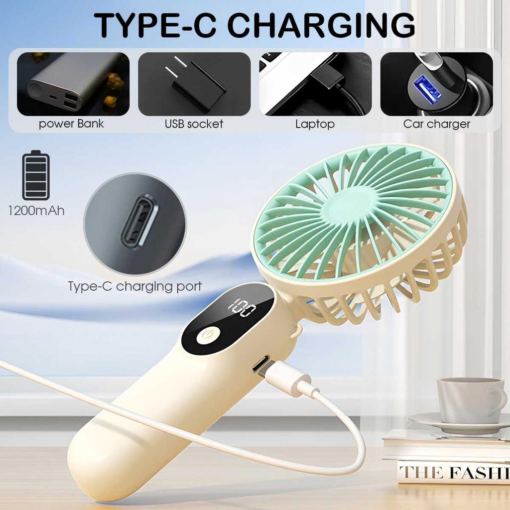 Handheld Fan USB Rechargeable Portable Mini Fan Cooling Strong Airflow Ultra Quiet 1200mAh 6 Speeds 3 Blade for Travel Office