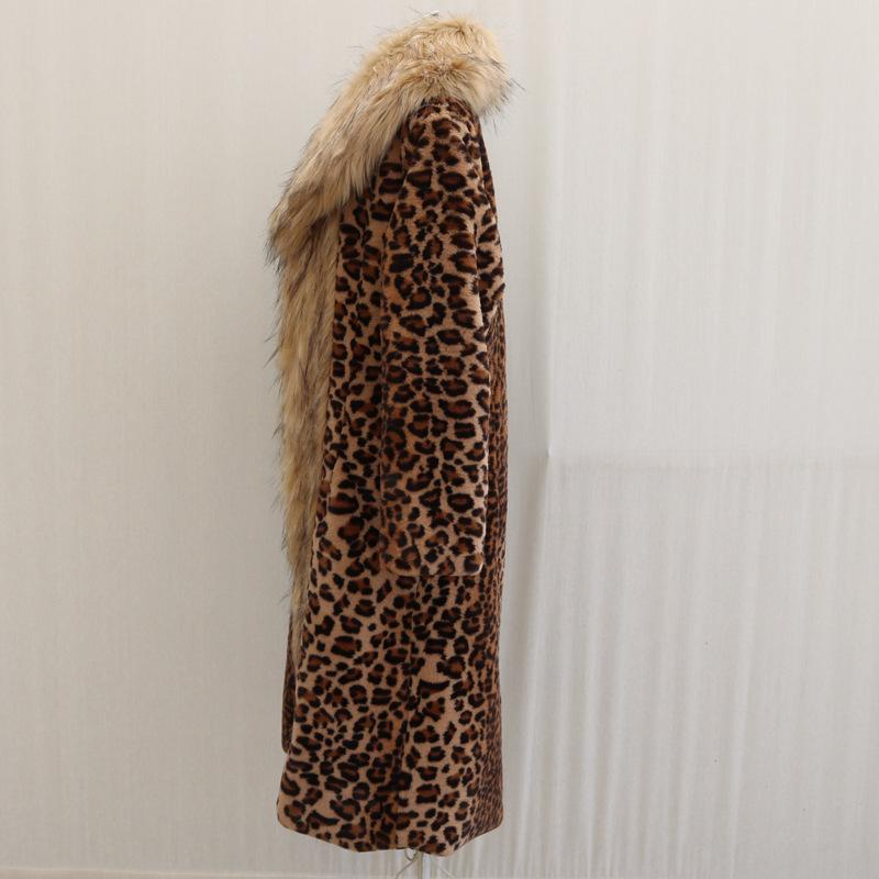 Women's leopard print fur jacket long mink coat fox hair big fur collar winter warm trench coat loose large size
