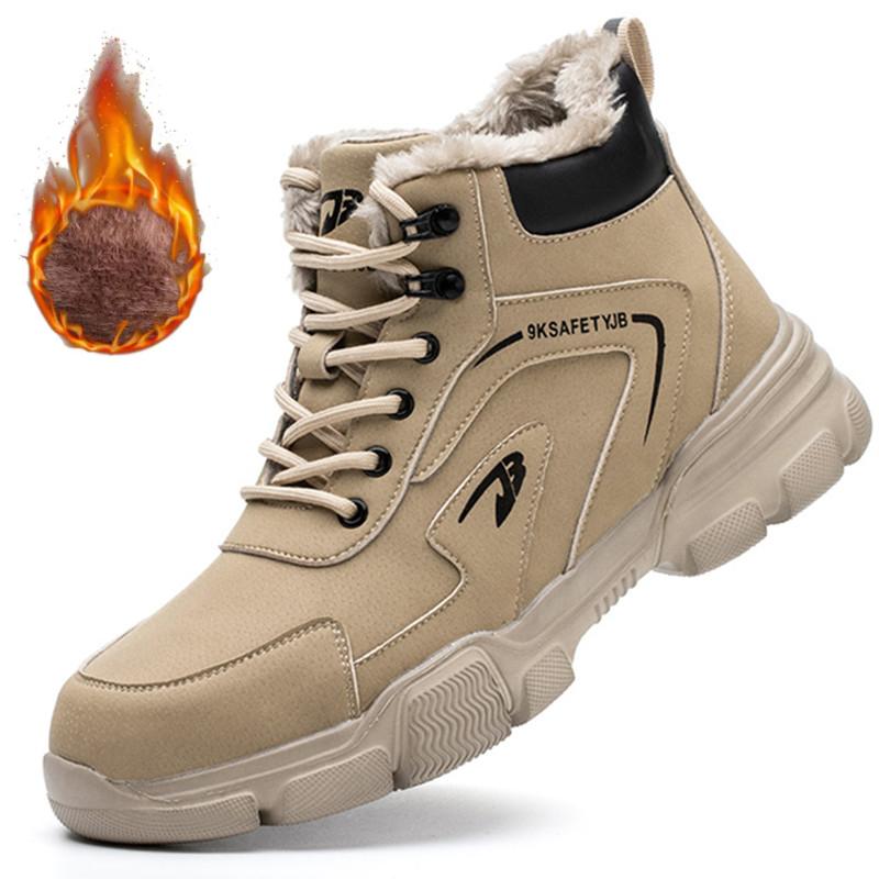 Black Leather Winter Plush Safety Work Boots For Men Waterproof Anti Nail Pressure Labor Shoes Indestructible Steel Toe Footwear