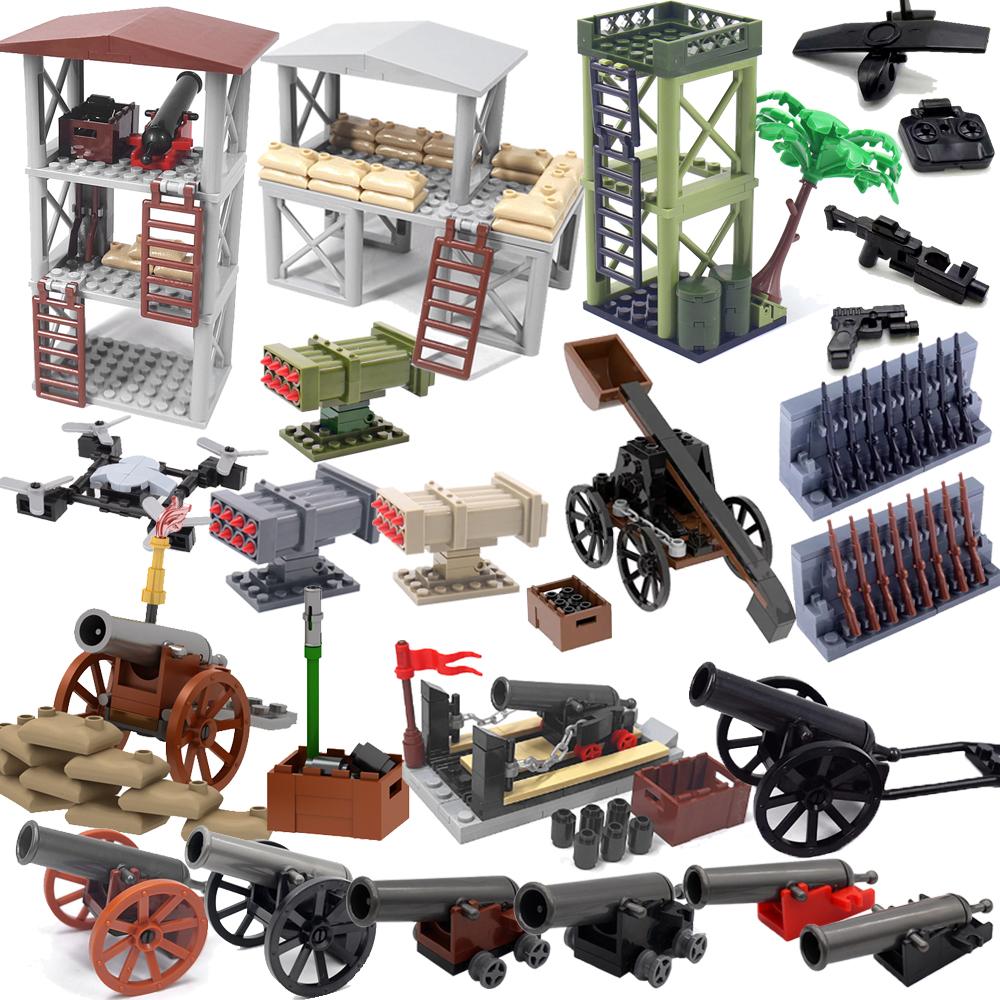 WW2 Military Outpost Scene MOC Building Block Set Soldier Lookout Drone Cannon Car Base Scale Model Kit Weapon Gun Launcher Toy Gift Present K057