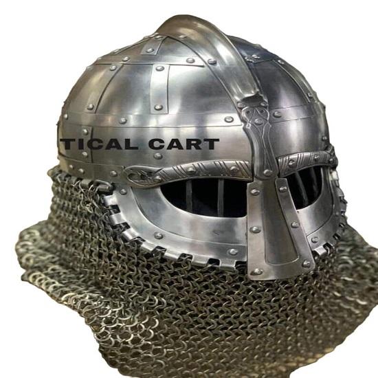 Viking Chainmail Helmet - Vendal Style, SCA LARP Hand-Forged Steel and Brass Armor with Chainmail Detailing