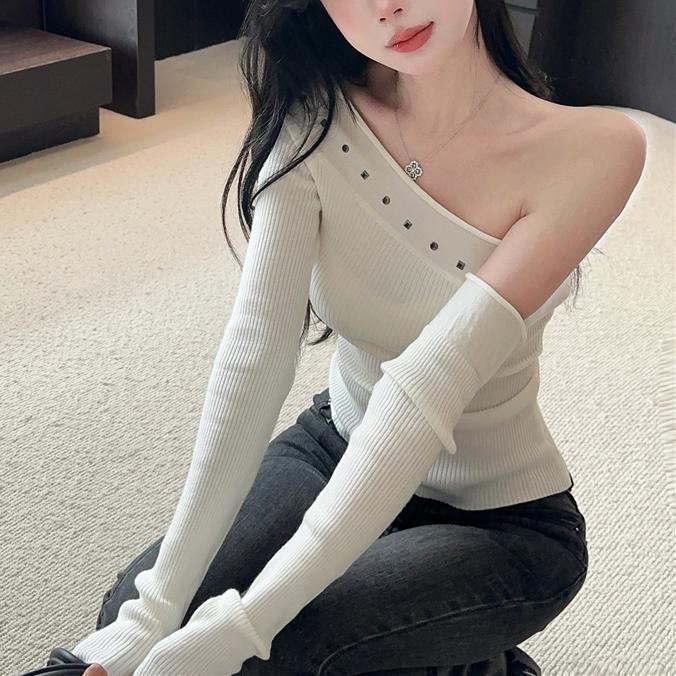 Summer Girl Style Sweater With Rhinestones And Off Shoulder Design For Youth Fashion