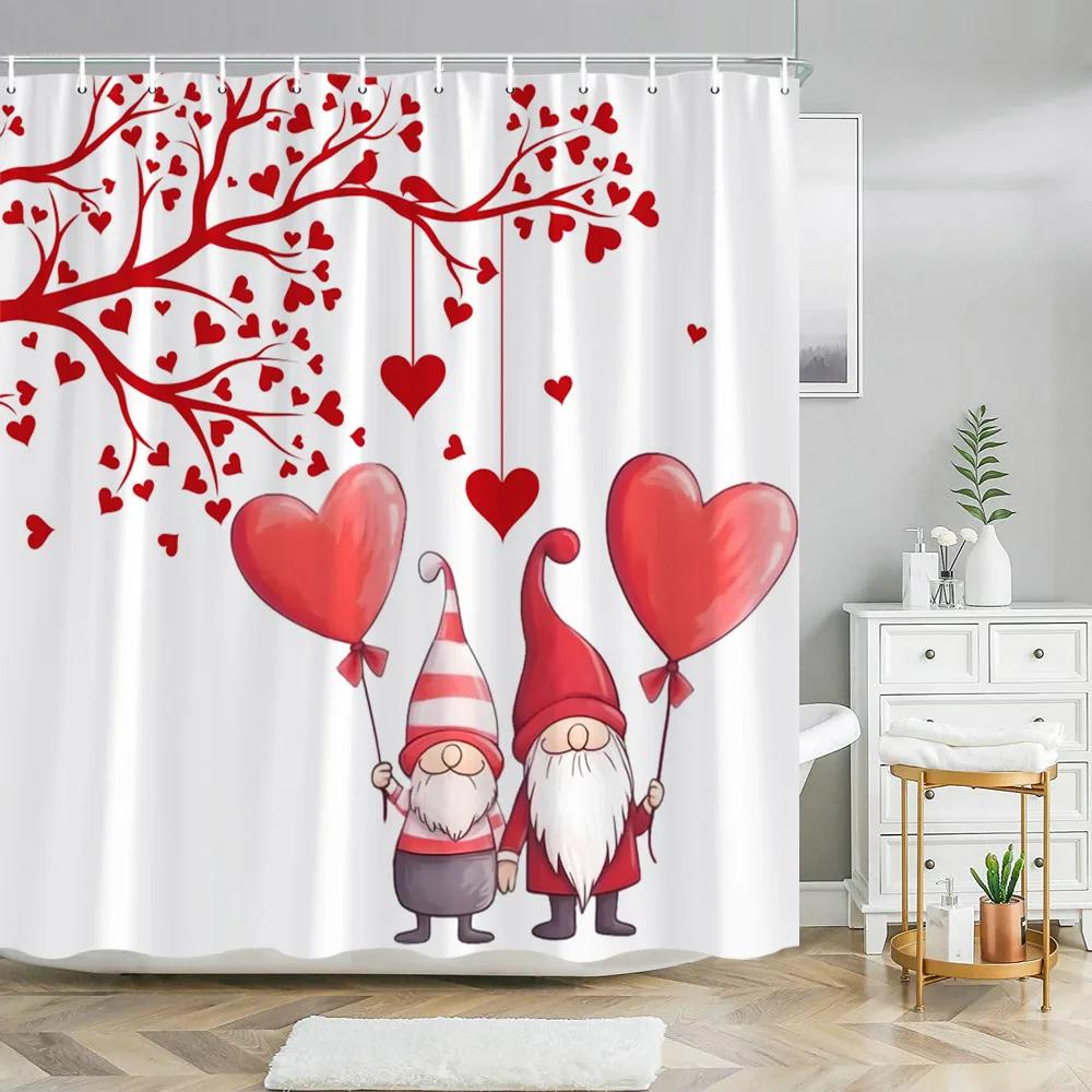 Valentine's Day Shower Curtain Love Tree with Elf Truck Romantic Pink Swing Balloon Love Polyester Printed Fabric Bathroom Decor
