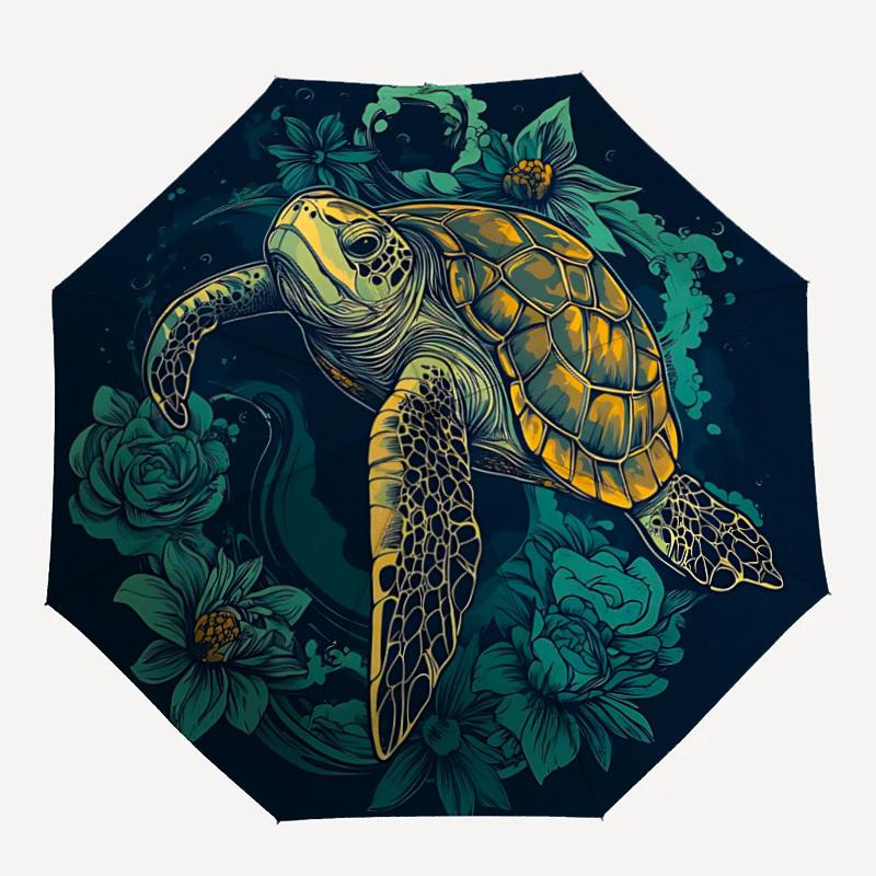 1pc Sea Turtle Flowers Automatic Open 8-Rib Windproof Umbrella, Travel & Commuting, Suitable for All Seasons