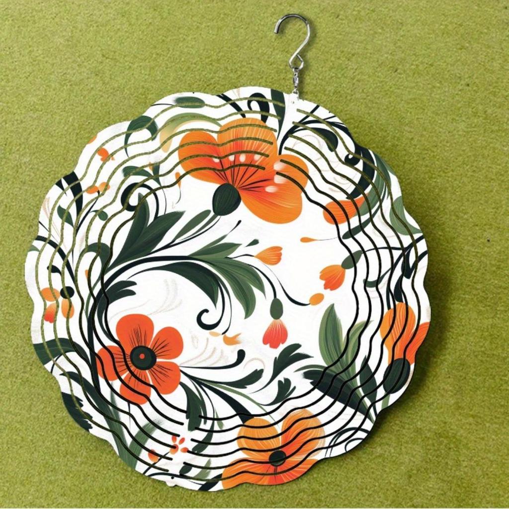 25.4 cm Floral Metal Wind Spinner with 360° Rotating Hooks Vibrant Orange Flowers Green Leaves for Garden Patio Balcony Outdoor Decor