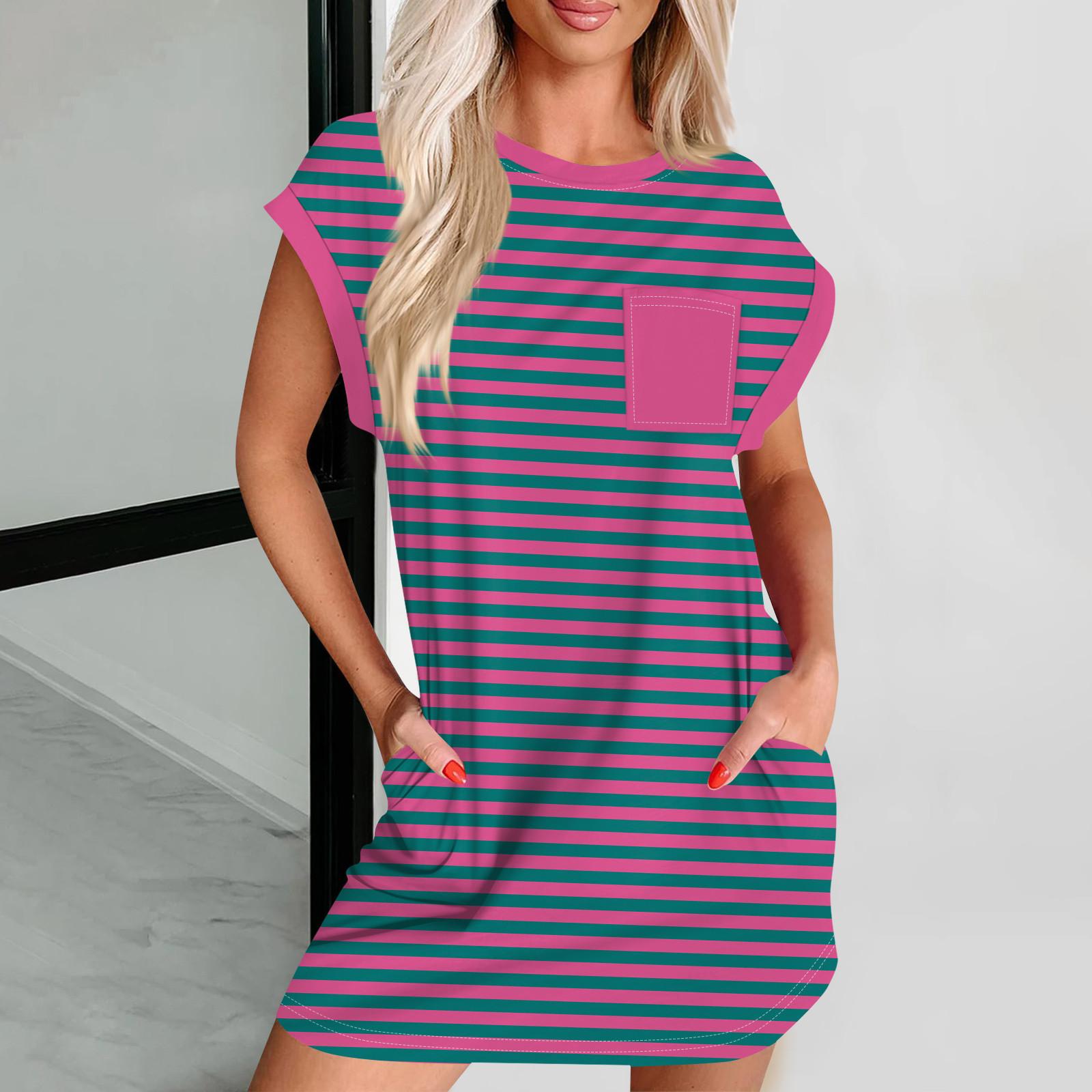 

Женское повседневное летнее платье с круглым вырезом и коротким рукавом, футболка, платье, карман XXXL горячий розовый