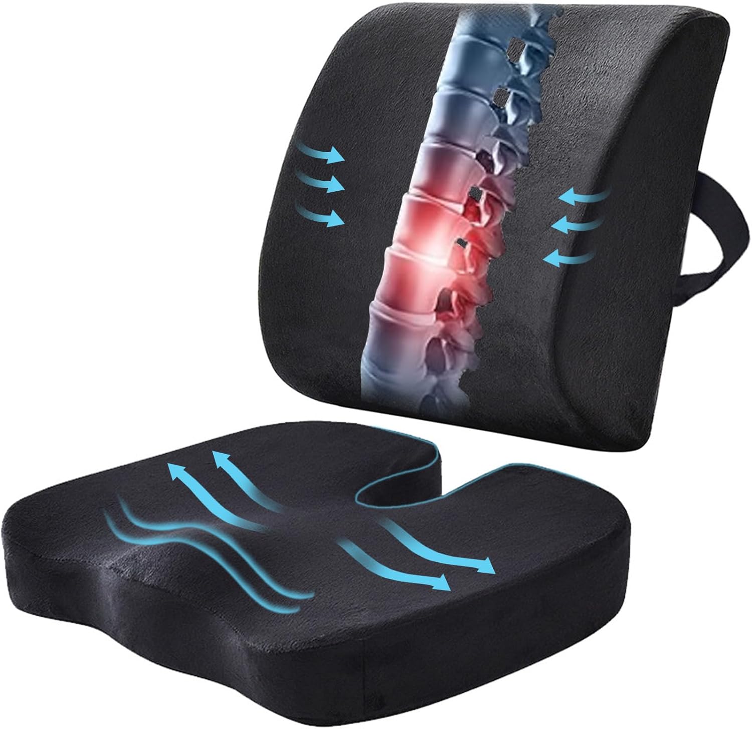 

1pc Ergonomic Seat Cushion & Lumbar Support Pillow,Adjustable Strap, 3D Breathable Cover,Medium Soft for Office Chair,Car,Desk чорний