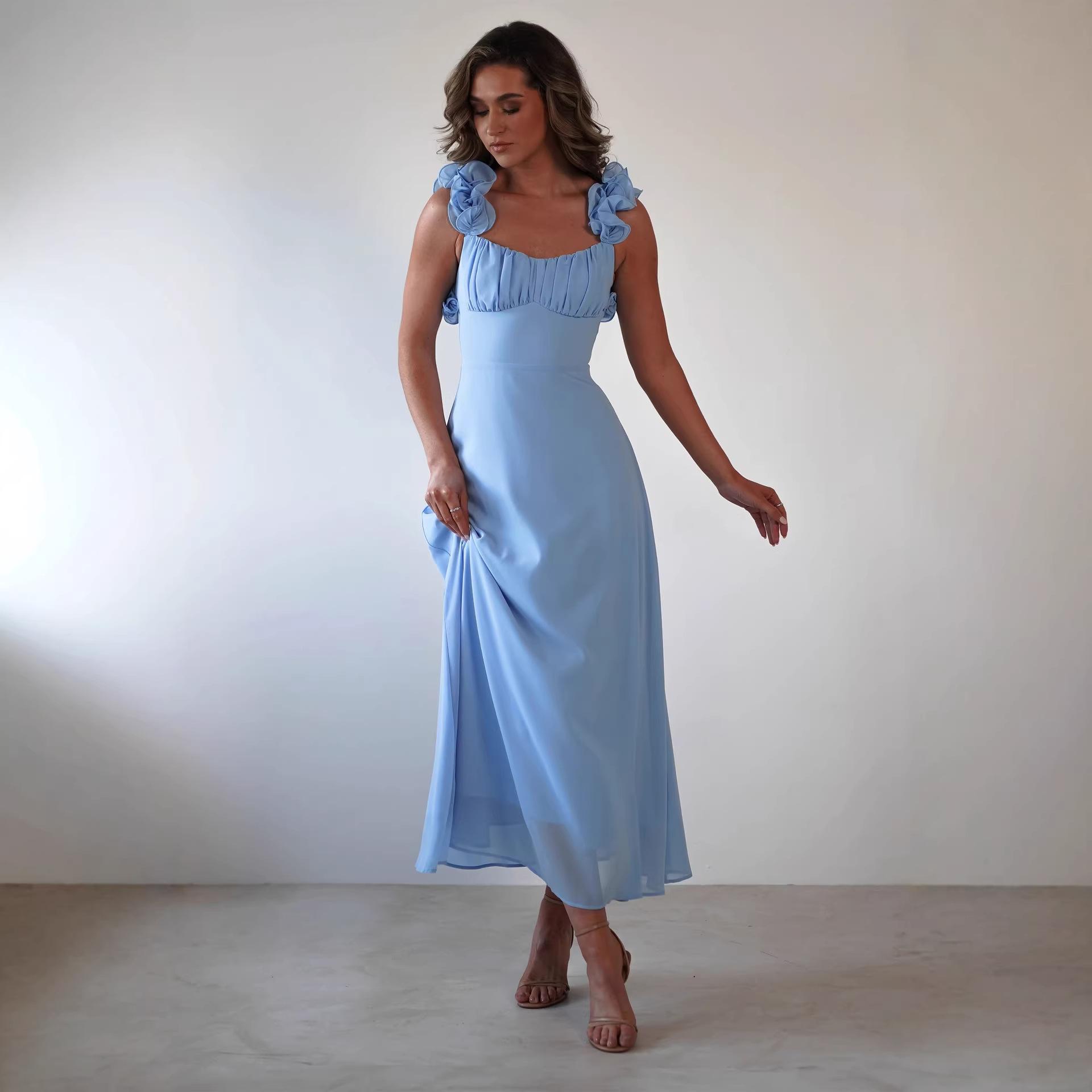 European and American women s new temperament elegant lace-up A-line solid color midi dress S синий