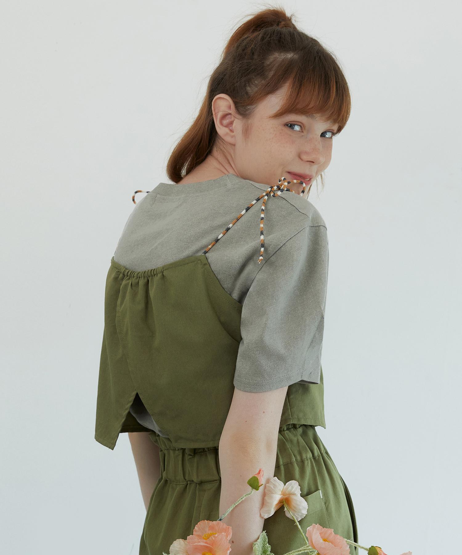 Dear Fear Ribbon String Sleeveless Top Khaki Top Label/Free