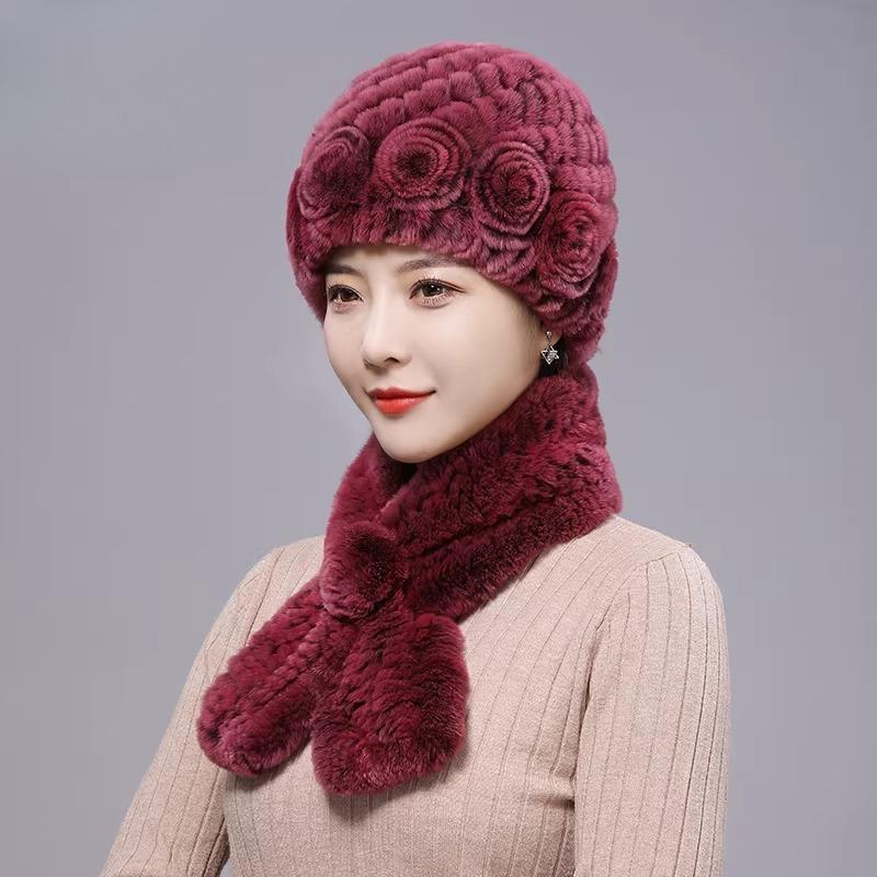 New Rex Rabbit Hair Hat Women's Winter Outdoor Scarf Set Warm Ear Protection Middle-aged and Elderly Fur Fashion