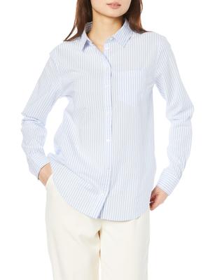 Amazon Essentials Women's Regular Fit Long Sleeve Poplin Shirt, French Blue with White Stripes, Size 2XL