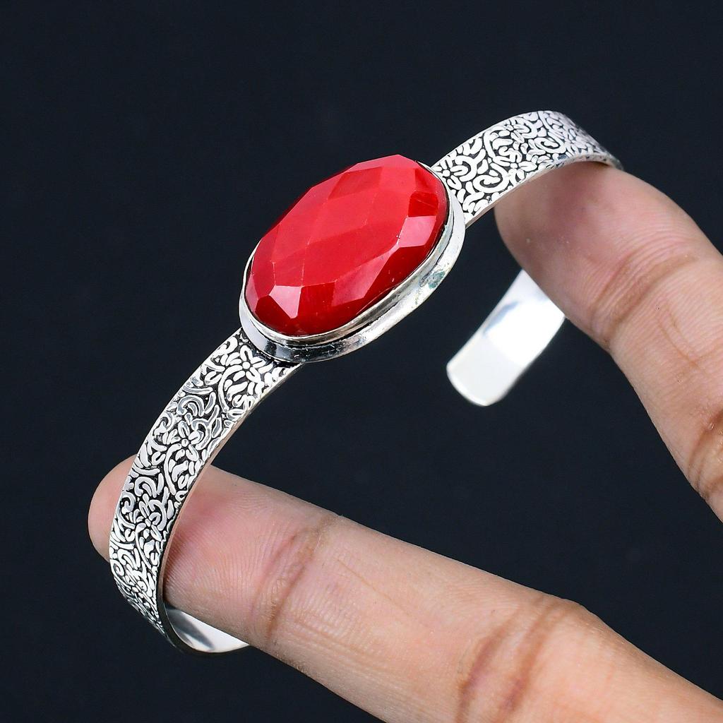 Natural Italian Coral Gemstone Bangle Adjustable 925 Sterling Silver For Women