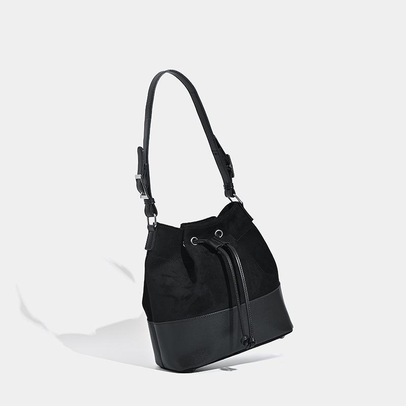 

Женская корейская ретро-сумка-ведро из замши и кожи в стиле пэчворк - модная сумка через плечо на осень/зиму чёрный