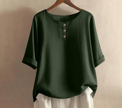 Dames O-hals Blouse met Driekwartmouwen Losse Pasvorm Casual Katoen Linnen Top Effen Kleur Knopen Henley Top