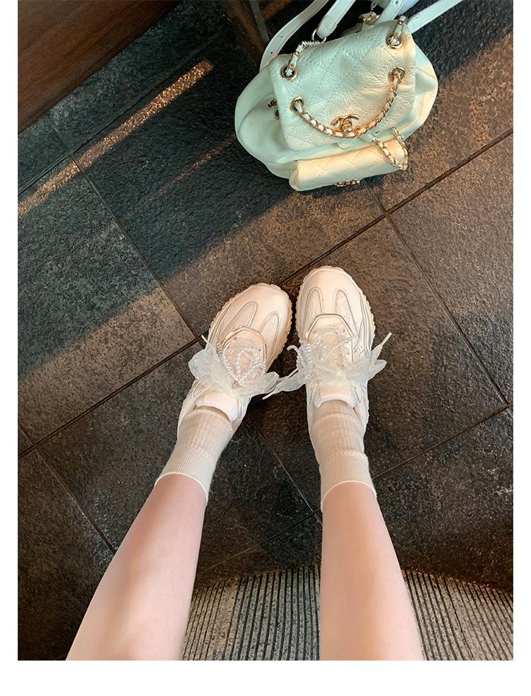 Cowhide Version Grape Mother Lace Splicing Casual Sports Shoes Pearl Belt Inner Heightening Platform Forrest Gump Shoes Women's Training Shoes