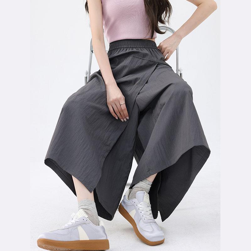 Harajuku Kadın Geniş Paça Pantolonlar Günlük Elastik Yüksek Bel Cepli Etek Pantolon Kadın Yaz Düz Renk Buzağı Boyu Pantolon