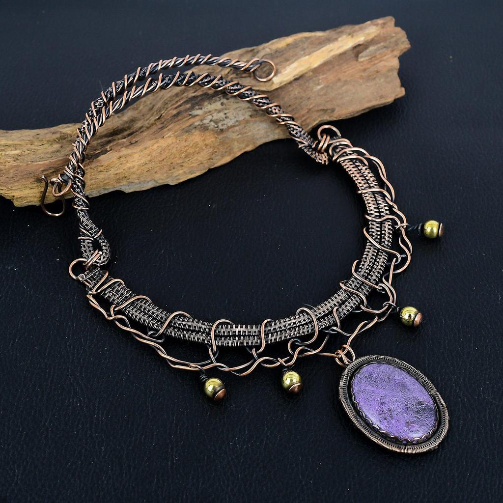Purpurite 999 Copper Wire Wrapped Necklace, Handmade Gemstone Jewelry Necklace For Memorial Day