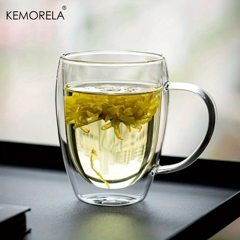 KEMORELA Dubbelwandige Glazen Koffiemok 350/450ML met Bamboe Deksel Heldere Mok met Handvatten voor Warme Dranken zoals Cappuccino