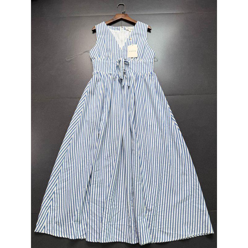 Foreign Trade Order Entr0 Artistic Style Sleeveless V-neck Stripe Dress A Word Bow Swing Midi dress Dress Women