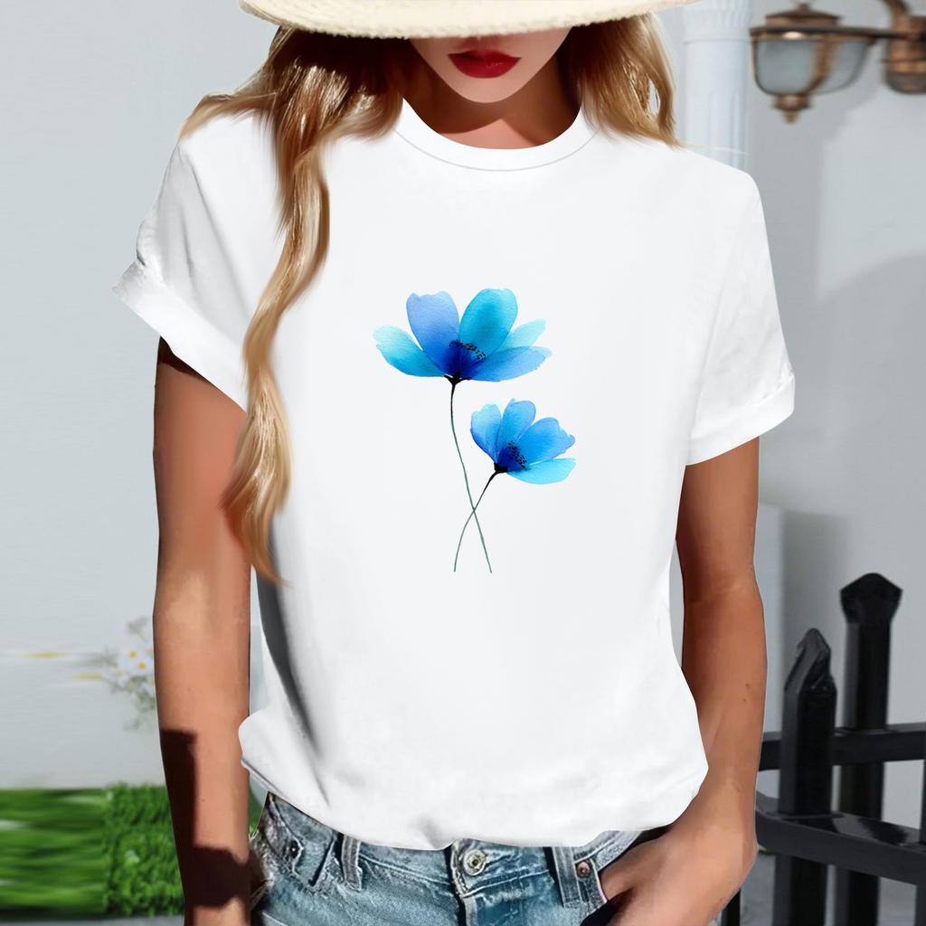 Damen Modisches Rundhals Casual Retro Print Kurzarm T-Shirt Top