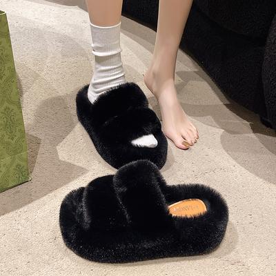 Frau Pelzigen Damen Pelz Luxus Flauschigen Plüsch Pantoffel Haus Weiche Fuzzy Plattform Indoor Casual Winter Hause Warme High Heels Weibliche