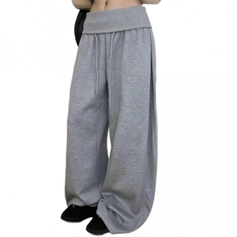 Womens High-Waisted Wide Leg Pants Fall Loose Drape Drawstring Casual Trousers Side Button Design