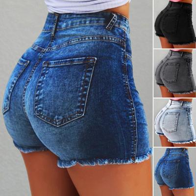 Women Shorts High Waist Washed Retro Distressed Ripped Edge Solid Color Butt-lifted Slim Fit Side