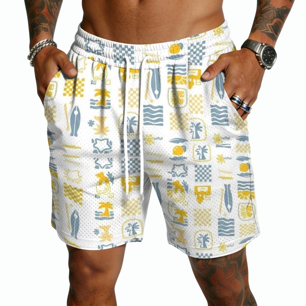 Men's Casual Drawstring Shorts Lightweight Quick-Dry Five-Point Hawaiian Print Beachwear Summer Bottoms with Elastic Waistband