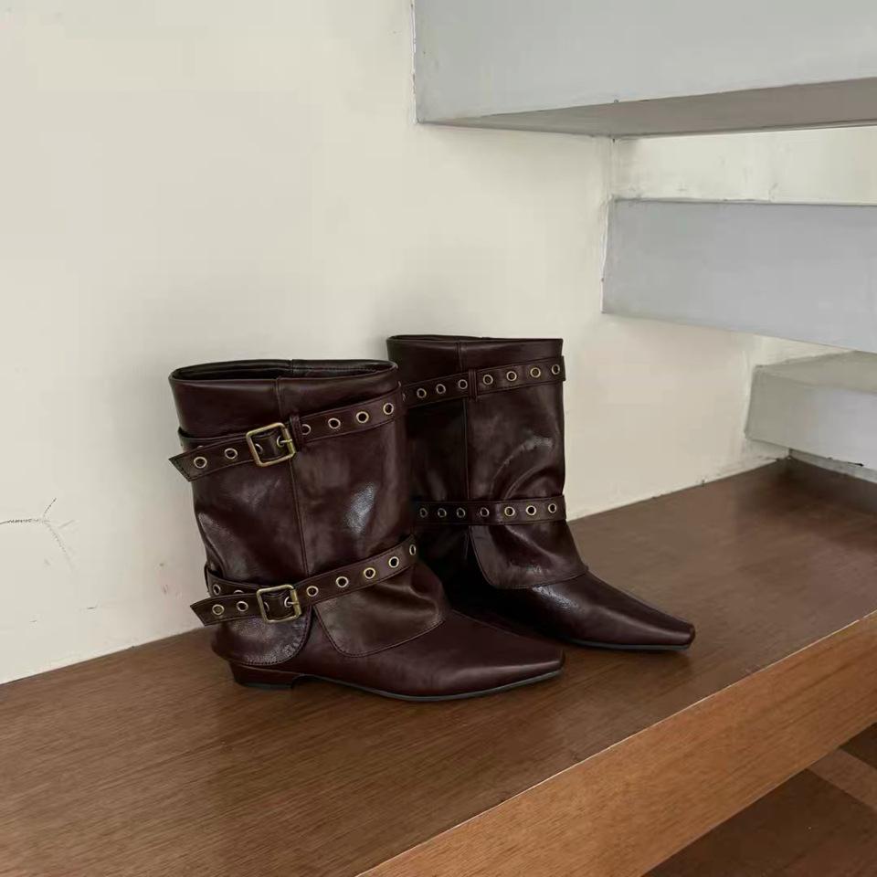 Vintage Spice Girl Temperament Western Cowboy Boots Women's Autumn New Pant Pants Boots Pleated Pile Boots Martin Boots