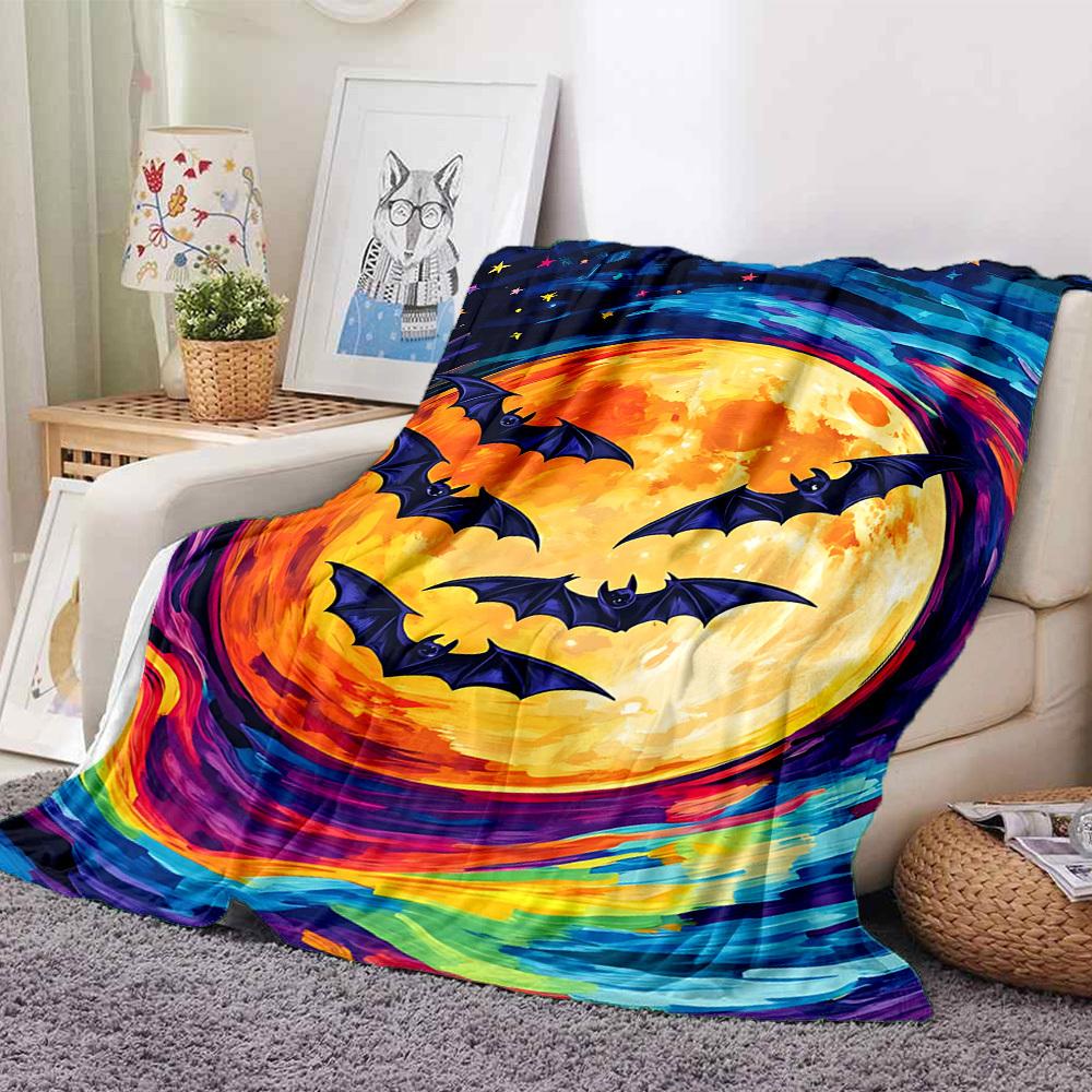 1pc Moon Bats Print Blanket   Lightweight Flannel Throw Blanket For Sofa, Bed, Living Room, Office, Outdoor Travel, Camping