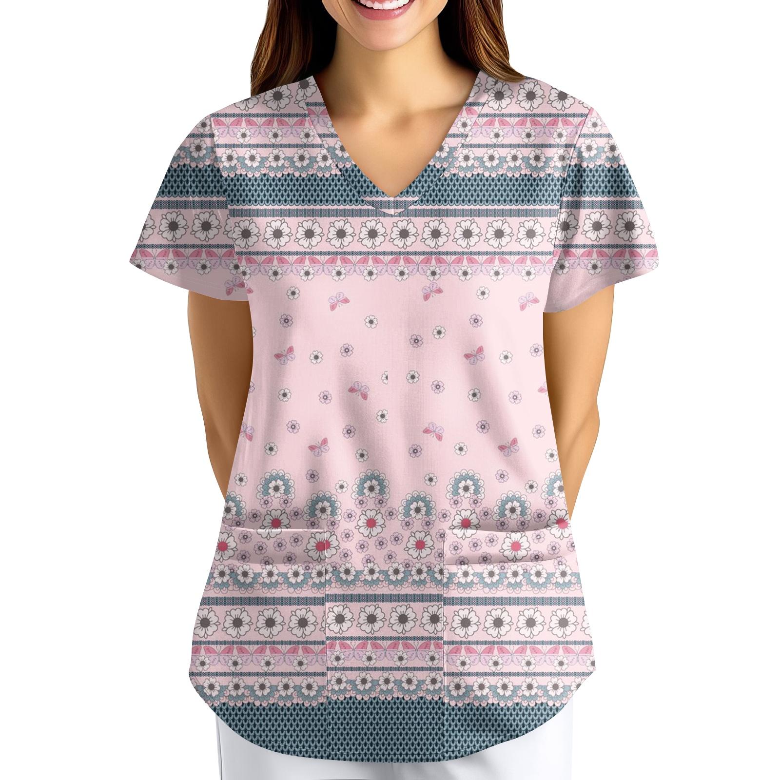 

Великого розміру Принтований Скраб Робоча Уніформа Топи Для Жіночих V-подібний виріз з принтом Короткий рукав Веселі футболки Робочий одяг Футболка з кишенями XL