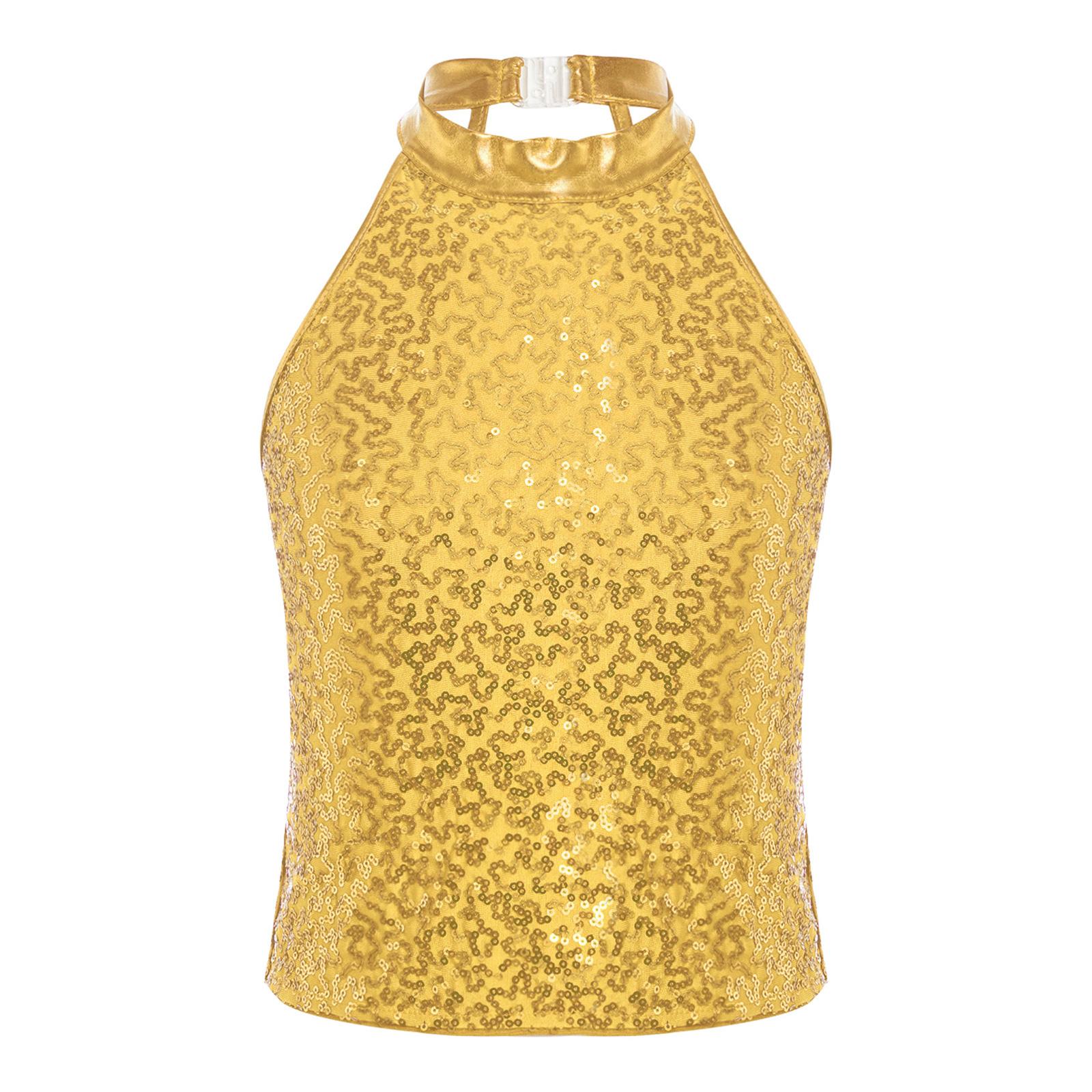 

Дівчачий танцювальний костюм з паєтками, топ-холтер для джазу та гімнастики 13-14 Years золотий