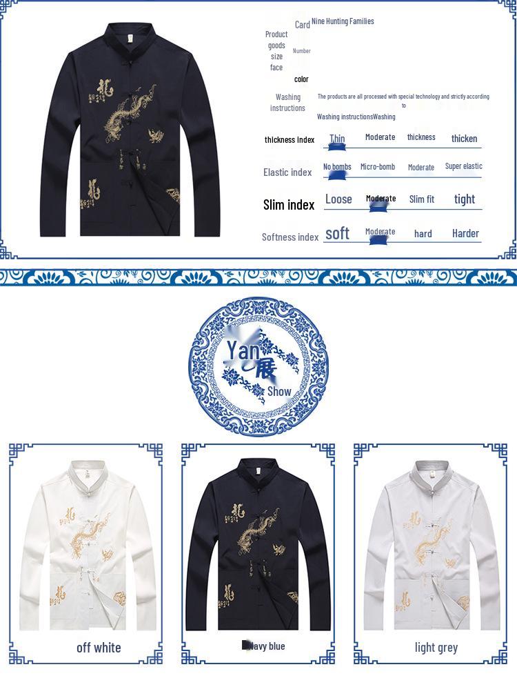 Traje Tang de seda para hombre: Traje de Kung Fu Tai Chi de Manga Larga para Primavera y Otoño