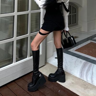 Black Boots Women's Platform High-heeled Boots New High Tube Elastic