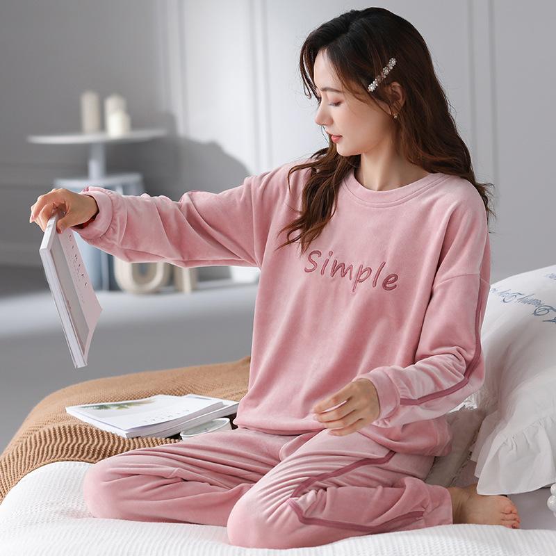 Island Fleece Pajamas Women'S Autumn And Winter Thin Fleece Coral Fleece Cute Pullover Loungewear Set